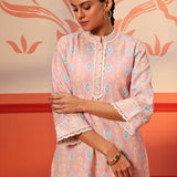 Haya Light Pink Printed Cotton Linen Tunic Set for Women