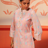Haya Light Pink Printed Cotton Linen Tunic Set for Women