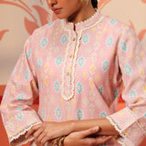 Haya Light Pink Printed Cotton Linen Tunic Set for Women