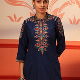 Shyla Navy Blue Embroidered Cotton Linen Tunic Set for Women
