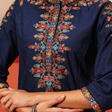 Shyla Navy Blue Embroidered Cotton Linen Tunic Set for Women