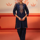 Shyla Navy Blue Embroidered Cotton Linen Tunic Set for Women