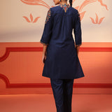 Shyla Navy Blue Embroidered Cotton Linen Tunic Set for Women