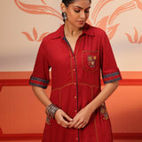 Aziya Red Embroidered Cotton Dress For Women