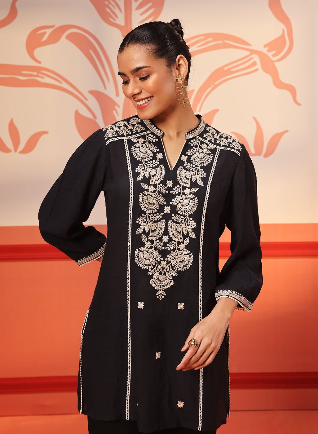 Front view of Kashaf Crimson Black Embroidered Crinkled Crepe Long Top