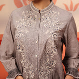 Myra Stone Grey Long Printed Cotton Modal Shirt for Women