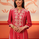 Front view of Kashaf Crimson Pink Embroidered Crinkled Crepe Long Top