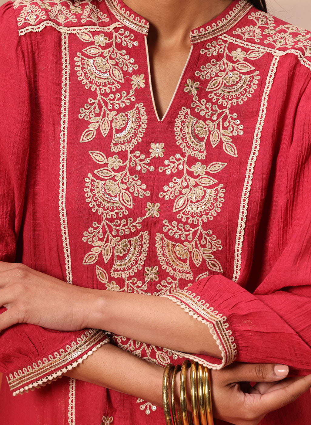 Close-up view of Kashaf Crimson Pink Embroidered Crinkled Crepe Long Top