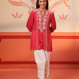 Woman flaunting Kashaf Crimson Pink Embroidered Crinkled Crepe Long Top