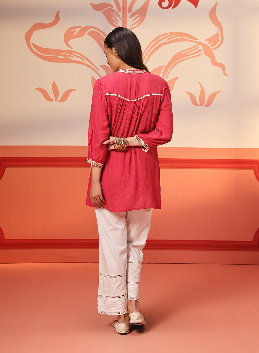 Back view of Kashaf Crimson Pink Embroidered Crinkled Crepe Long Top