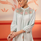 Faya Sky Blue Crinkled Crepe Embroidered Top for Women