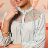 Faya Sky Blue Crinkled Crepe Embroidered Top for Women