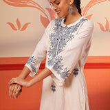 Zariya Ivory Embroidered Cotton Linen Designer Kurta for Women