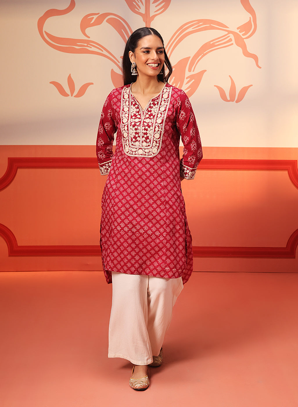 Kyra Cherry Red Printed Cotton Designer Kurta displayed with palazzo