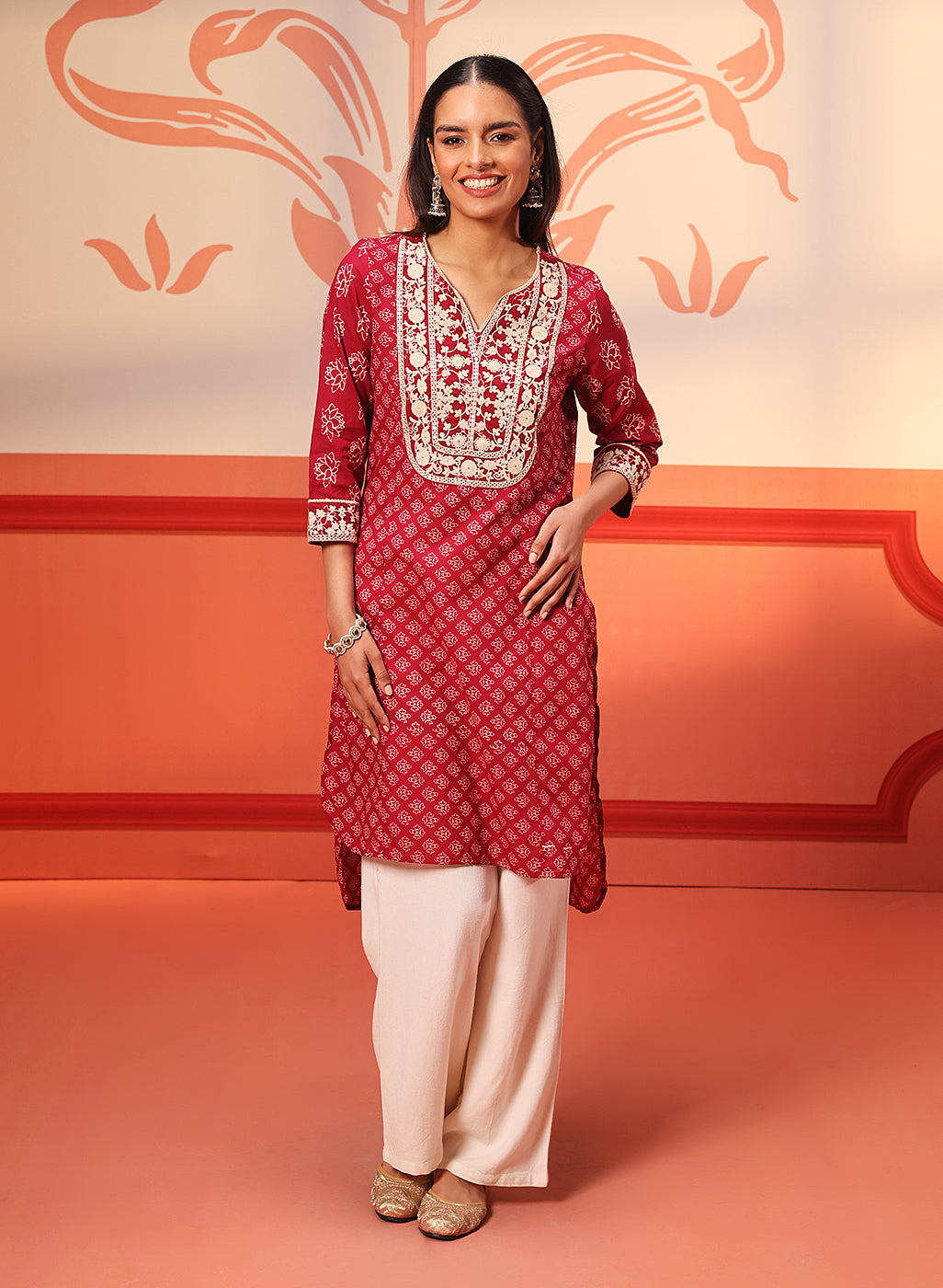 Woman wearing Kyra Cherry Red Printed Cotton Designer Kurta