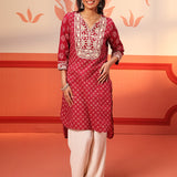 Woman wearing Kyra Cherry Red Printed Cotton Designer Kurta