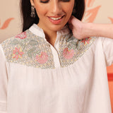 Faya Ivory Crinkled Crepe Embroidered Top for Women