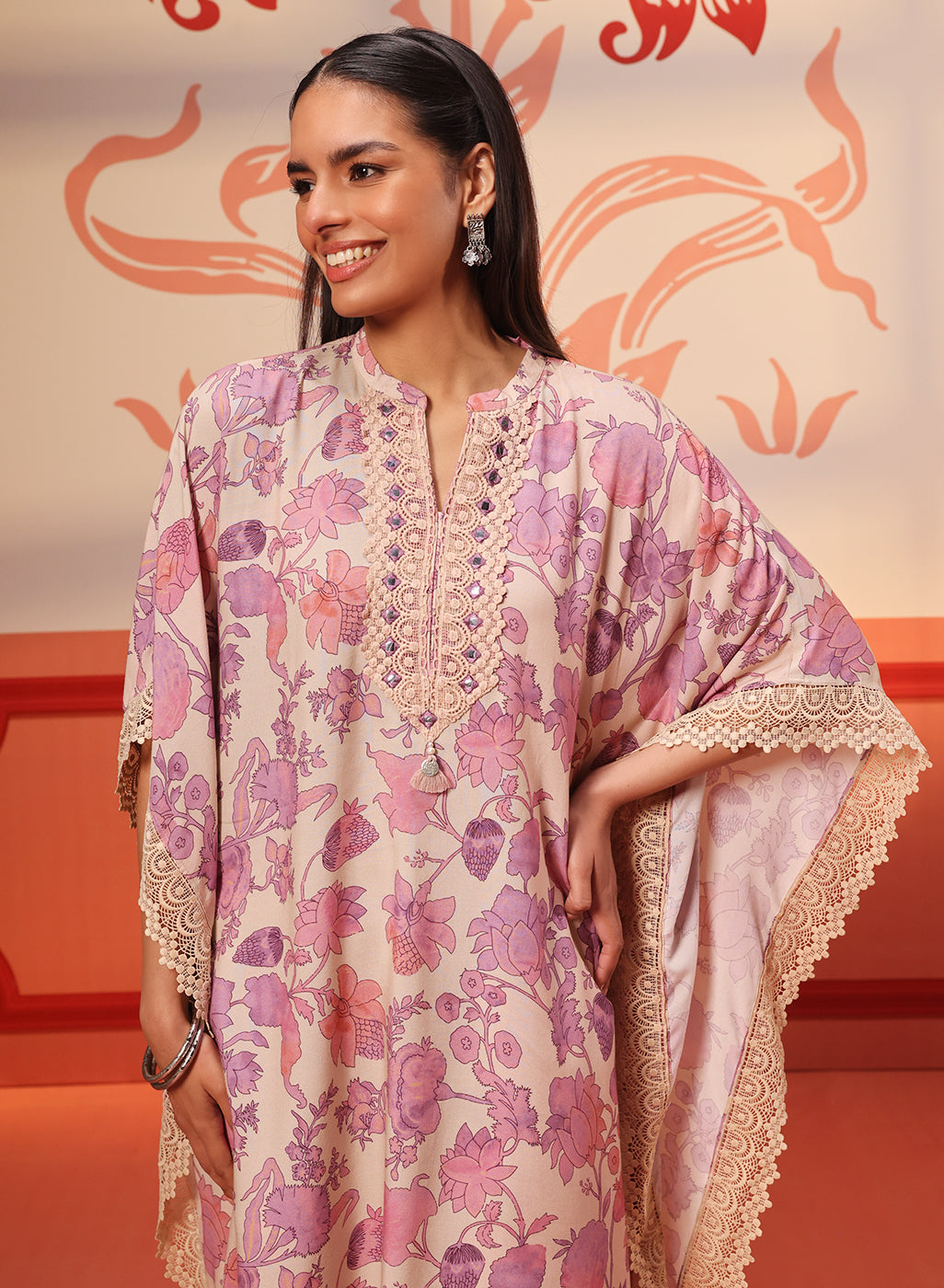 Woman smiling in Mahin Salmon Pink Printed Kaftan Kurta Set