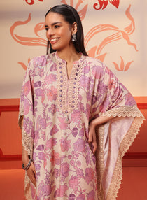 Woman smiling in Mahin Salmon Pink Printed Kaftan Kurta Set