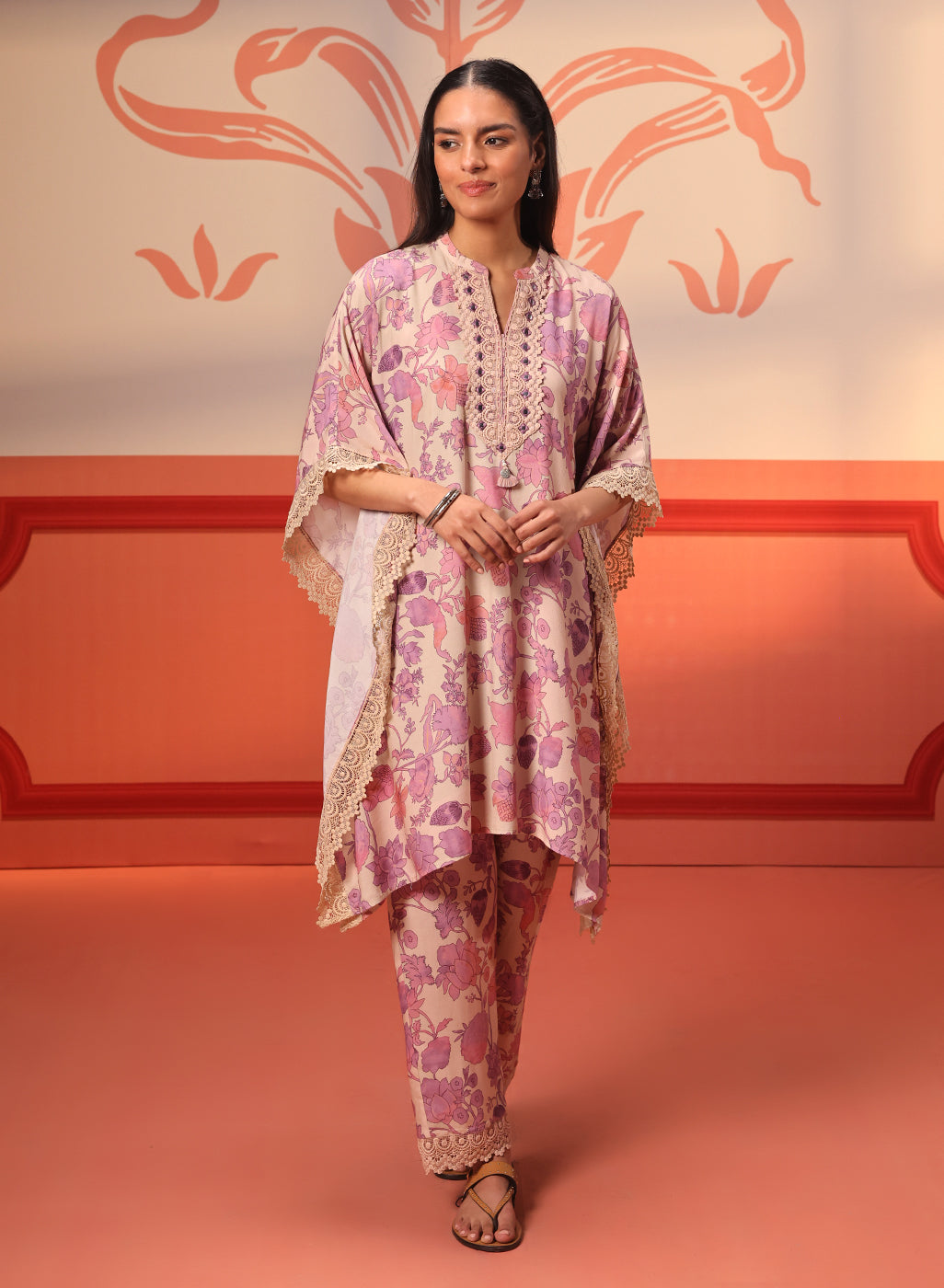 Full view of Mahin Salmon Pink Printed Kaftan Kurta Set