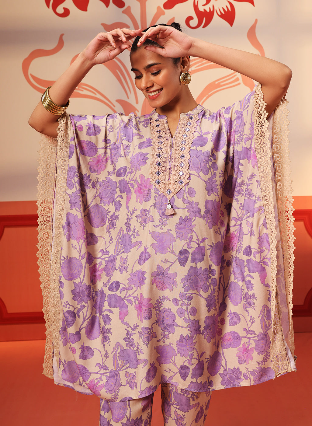 Woman smiling in a Mahin Mauve Printed Kaftan Kurta Set