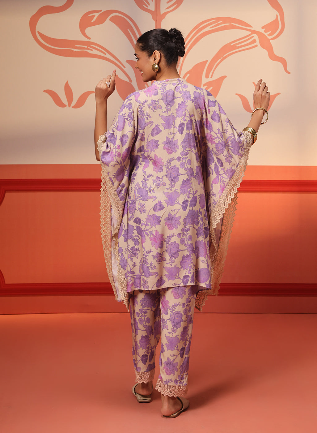 Back view of a Mahin Mauve Printed Kaftan Kurta Set