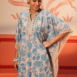 Woman smiling in Mahin Smokey Blue Printed Kaftan Kurta Set