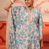 Woman showing the sleeve style of Mahin Smokey Blue Printed Kaftan Kurta Set