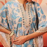 Close-up view of the neckline and sleeves work of Mahin Smokey Blue Printed Kaftan Kurta Set