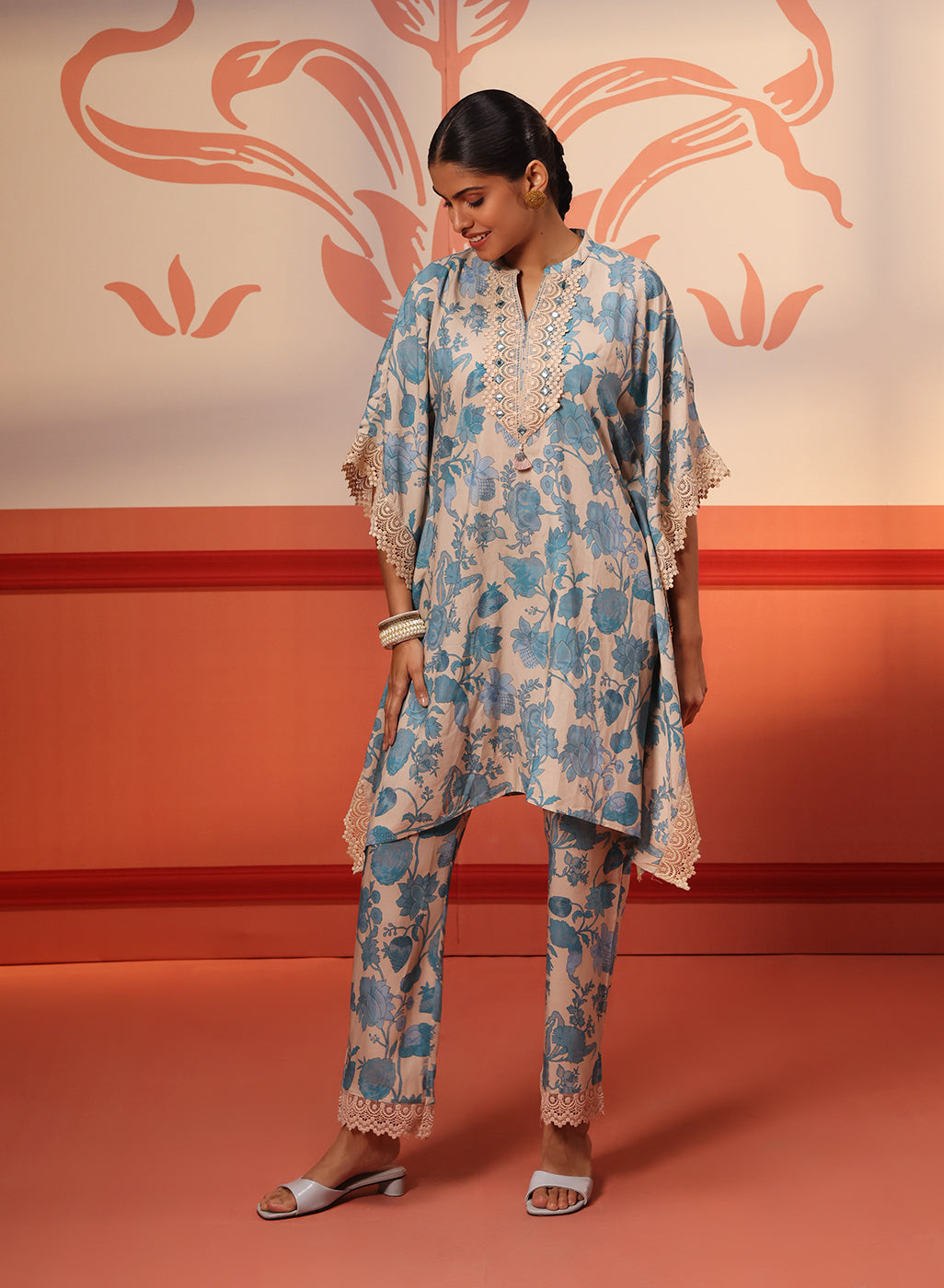 Full front view of Mahin Smokey Blue Printed Kaftan Kurta Set