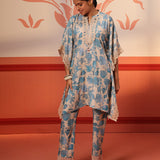 Full front view of Mahin Smokey Blue Printed Kaftan Kurta Set