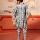 Full back view Mahin Smokey Blue Printed Kaftan Kurta Set