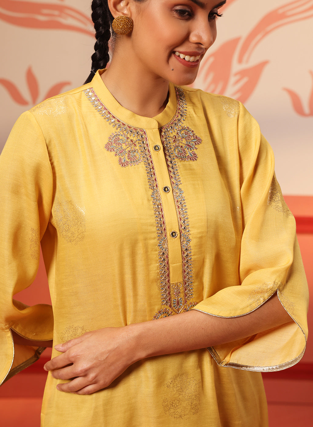 Close-up view of Rumi Bright Yellow Printed Tunic