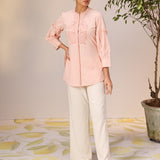 Nudrat Light Pink Embroidered Cotton Long Shirt paired with white pants