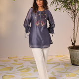 Aleena Iron Grey Embroidered Chanderi Top for Women