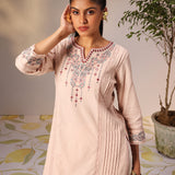 Zayna Salmon Pink Embroidered Cotton Linen Designer Kurta for Women