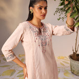 Zayna Salmon Pink Embroidered Cotton Linen Designer Kurta for Women