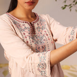 Zayna Salmon Pink Embroidered Cotton Linen Designer Kurta for Women