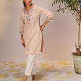 Zayna Salmon Pink Embroidered Cotton Linen Designer Kurta for Women