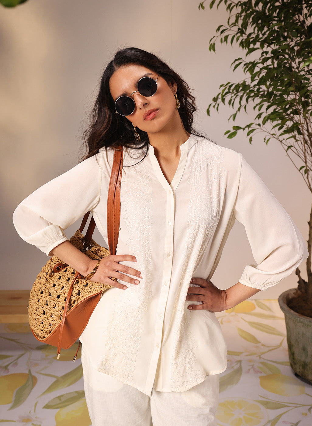 Everyday Essentials Ameera Ivory Embroidered Georgette Shirt for Women