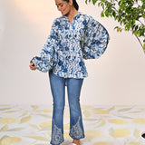 Noora Ocean Blue Printed Cotton Shirt for Women