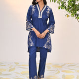 Aira Indigo Embroidered Cotton Linen Co-ord Set for Women