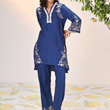 Aira Indigo Embroidered Cotton Linen Co-ord Set for Women