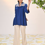 Rifa Electric Blue Embroidered Crinkled Crepe Top for Women