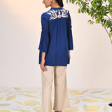 Rifa Electric Blue Embroidered Crinkled Crepe Top for Women