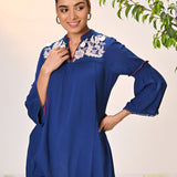 Rifa Electric Blue Embroidered Crinkled Crepe Top for Women