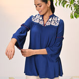 Rifa Electric Blue Embroidered Crinkled Crepe Top for Women