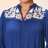 Rifa Electric Blue Embroidered Crinkled Crepe Top for Women