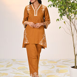 Aira Watermelon Mustard Embroidered Cotton Linen Co-ord Set for Women