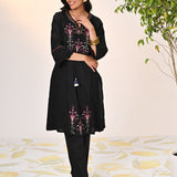 Full front-view of Harleen Ivory with Black Embroidered Cotton Linen Kurta Set